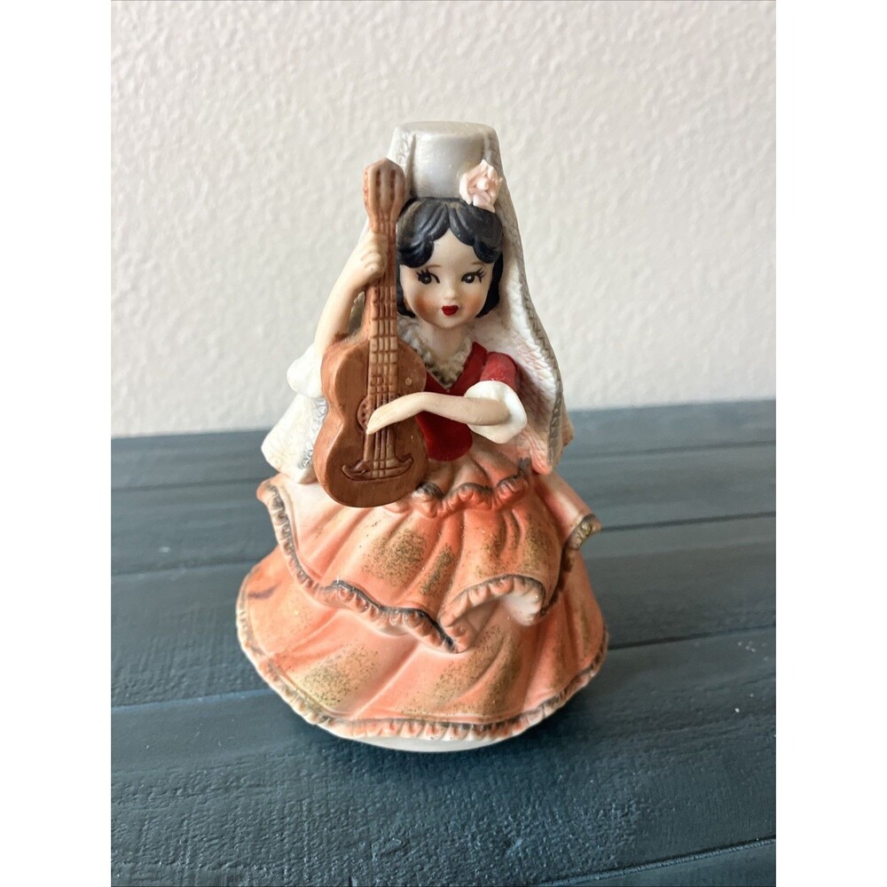 Vintage Sankyo Music Box Figurine  ‘girl playing ukulele’ song is Spanish eyes ￼